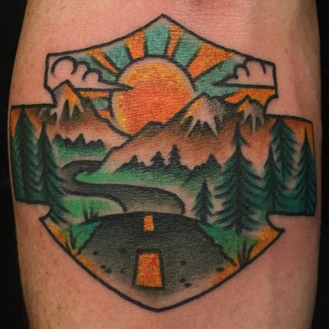 Brandon Kemp Aces Tattoos Denton, TX IG: @brandonkemptattoo Traditional Outdoors Tattoo, Mountain Tattoo Old School, Cornfield Tattoo, Open Road Tattoo, Traditional Mountain Tattoo, Road Trip Tattoo, State Tattoo Ideas, Road Tattoo, Epic Tattoos