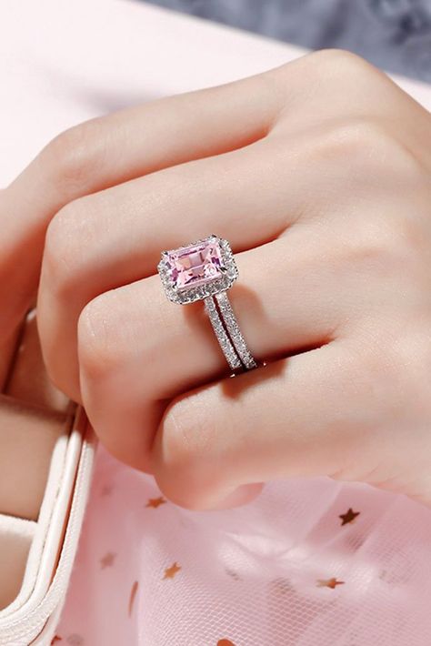 Pink And Diamond Engagement Ring, Pink Diamond Engagement Ring Oval, Pink Wedding Rings Diamond, Diamond Rings Emerald Cut, Engagement Rings Pink Diamond, Rings Pink Diamond, Engagement Rings Pink, Pink Wedding Ring, Pink Diamond Rings