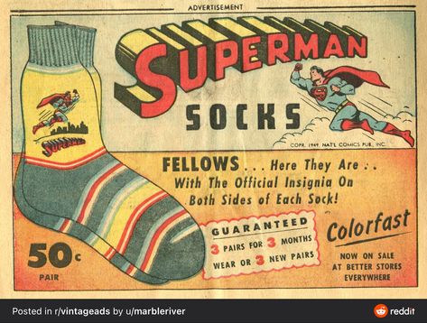 Superman Socks, Retro Ads, Book Images, Vintage Ads, Superman, Comic Books, Socks, Comics