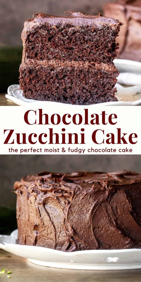 This chocolate zucchini cake is incredibly moist and fudgy with a delicious chocolate flavor and creamy chocolate frosting. The zucchini dissolves as the cake bakes, so you can't tastes it whatsoever. Ultra indulgent - this cake can be made as a layer cake or in a 9x13 inch pan. #chocolatezucchinicake #zucchinicake #chocolatecake #moist #fudgy #summer #doublechocolate from Just So Tasty Zucchini Chocolate Cake, Fudgy Chocolate Cake, Baked Desserts, Fresh Zucchini, Chocolate Zucchini Cake, Chocolate Fudge Frosting, Chocolate Zucchini Bread, Sally's Baking, Fudge Frosting