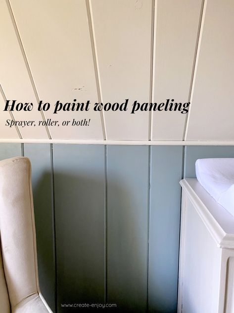 How to paint wood paneling (spray and/or roll!) / Create / Enjoy How To Paint Wall Paneling, Panel Wood Wall Makeover, Best Way To Paint Paneling, Painted Paneling Color Ideas, Wall Paneling Update, Painted Wood Paneling Kitchen, Best Paint Colors For Wood Paneling, Wood Paneling Ceiling Makeover, Wall Paneling Renovation