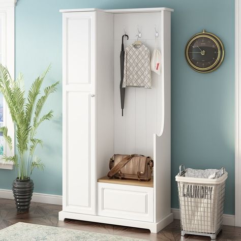 Description: Modern Minimalist Style: This hall tree features a sleek exterior that complements any home decor. The groove lines on the front panel further enhance its visual effect and the bench with wood grain sticker increase a natural touch. Hallway Shoe Cabinet, Minimalist Hallway, Bench Hallway, Entryway Hall Tree, Hall Tree With Storage, Design Hall, Entryway Coat Rack, Hallway Coat Rack, Tall Cabinet