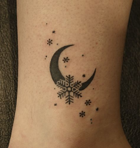 snowflake Snowflake Hip Tattoo, Snowflake And Moon Tattoo, Snowflake Moon Tattoo, Snowflake Collarbone Tattoo, Snowflake Neck Tattoo, Snow And Moon Tattoo, Nordic Snowflake Tattoo, Snowflake Hand Tattoo, Winter Tattoo Ideas