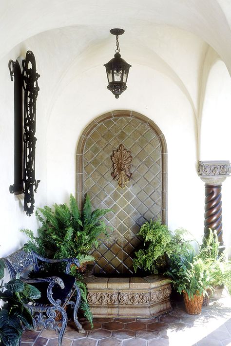 Palm Springs Backyard, Outdoor Wall Fountains, Stone Walkway, Spanish Style Home, Water Fountains Outdoor, Hacienda Style, Rock Garden Landscaping, Wall Fountain, Outside Living