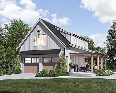 New Garage Plans! See the Latest Designs by Top Designers 1 Bedroom Barndominium, Garage With Apartment Above, Shed Pool House, Cottage Getaway, Garage With Living Quarters, 4 Car Garage, Farmhouse Garage, Country Farmhouse Style, Garage Plan