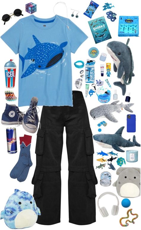 Shark Outfit Ideas, Shark Shirt Aesthetic, Shark Aesthetic Outfits, Whale Shark Clothes, Shark Themed Outfit, Shark Core Outfits, Silly Outfit Ideas, Clothing Ideas For Ocs, Fishcore Outfit