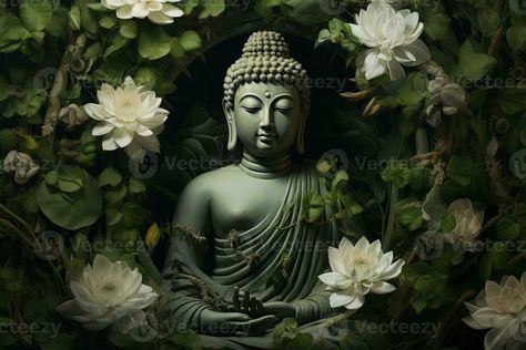 Buddha statue with lotus flower and green leaves background AI Generated Green Leaves Background, Buddha Background, Leaf Photo, Green Leaf Background, Leaves Background, Blue Background Images, The Buddha, Leaf Background, Finger Painting