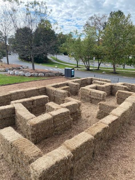 hay maze set up in a park Diy Hay Maze, Fall Hay Ride Ideas, Hay Bale Obstacle Course, Farm Fun Activities, Hay Bale Maze Layout, Diy Corn Maze At Home, Straw Bale Maze, Hay Maze Layout, Community Fall Festival