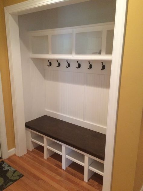 Mudrooms - Custom Mud Bench - Wake Forest, Raleigh, Durham — Woodmaster Custom Cabinets - Custom Cabinets & Interior Trim Removable Shelves Closet, Open Shelves Mudroom, Front Closet Cubbies, Built In Lockers Mud Rooms Diy, Entryway Mudroom Closet, Mud Room Cubbies With Bench Diy, Mud Room Closet Remodel, Closet Entryway Makeover, Closet Bench Entryway