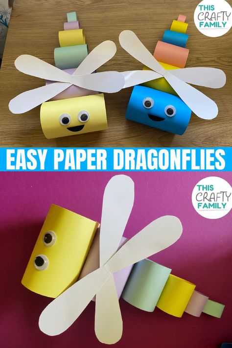 Cute and easy paper dragonfly craft for kids. A fun summer animal craft idea for children. Dragonfly Craft For Kids, Paper Dragonfly Craft, Kindergarten Craft Ideas, Paper Dragonfly, Dragonfly Craft, Pond Crafts, Easy Paper Crafts For Kids, Paper Dragonflies, Summer Crafts For Toddlers