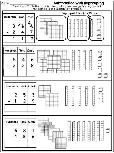 Addition With Tens And Hundreds Worksheets For 2nd Graders DB4 3 Digit Numbers Worksheets, Subtraction With Regrouping Worksheets, Regrouping Subtraction, Subtraction With Regrouping, Subtraction Kindergarten, Numbers Worksheets, Math Subtraction, Three Digit Numbers, Base Ten Blocks