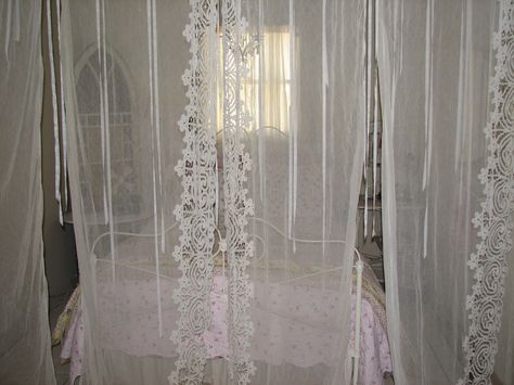 Lace Bed Curtains, Lace Bed Canopy, Lace Privacy Curtain, Lacy Curtains Aesthetic, Coquette Bed Canopy, Vintage Lace Curtains, Dark Paint, The White Album, Wooden Poles