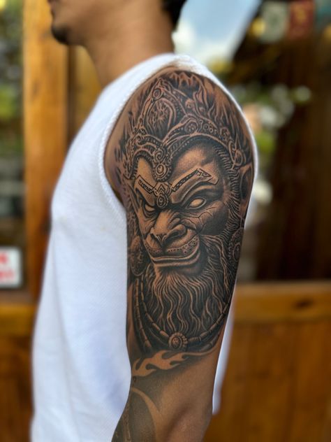 Hanuman Chest Tattoo, Hindu Chest Tattoo Men, Lord Hanuman Tattoo Design, Lord Hanuman Tattoo, Duality Tattoo, Good Vibes Tattoo, Max Tattoo, Hindu Tattoos, Balinese Art