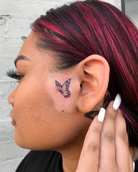 Butterfly Face Tattoos For Women, Sideburn Tattoo Women, Small Face Tattoo, Simon Tattoo, Tattoo Ideas Butterfly, Small Face Tattoos, Pink Ribbon Tattoos, Tattoo Side, Bird Tattoos For Women