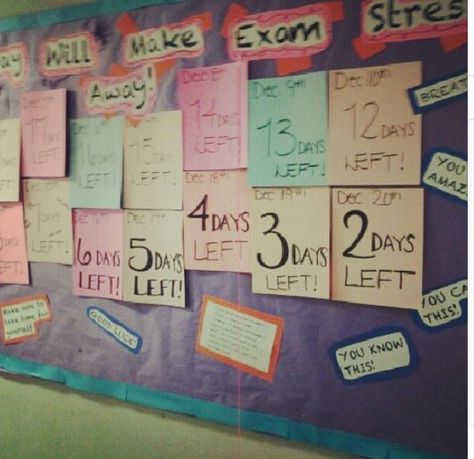 Countdown to exam stress go away  #reslife #bulletinboard #bulletinboardidea Exam Countdown Board, Res Life, Day Left, Teacher Stuff, School Activities, Bulletin Boards, Bulletin Board, Quick Saves