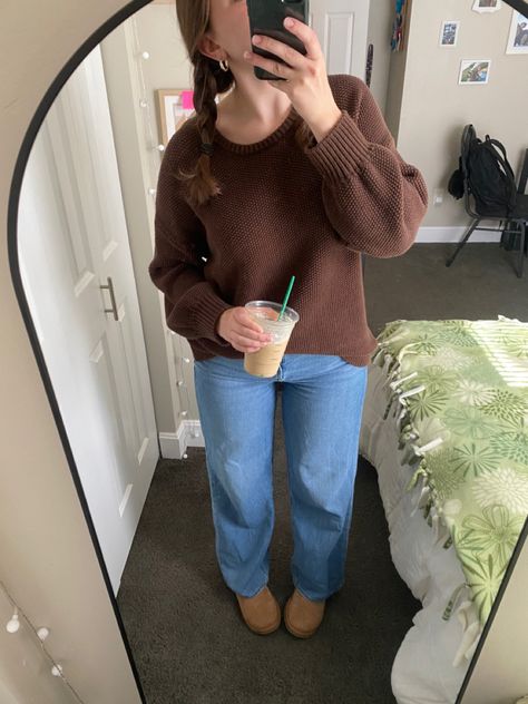 brown sweater, baggy jeans, UGG boots Brown Sweater And Jeans Outfit, Brown Boot Outfits, Sweater And Jeans Outfit, College Sweater, Uggs Outfit, Brown Shirt, Grandpa Sweater, Sweaters And Jeans, Brown Sweater