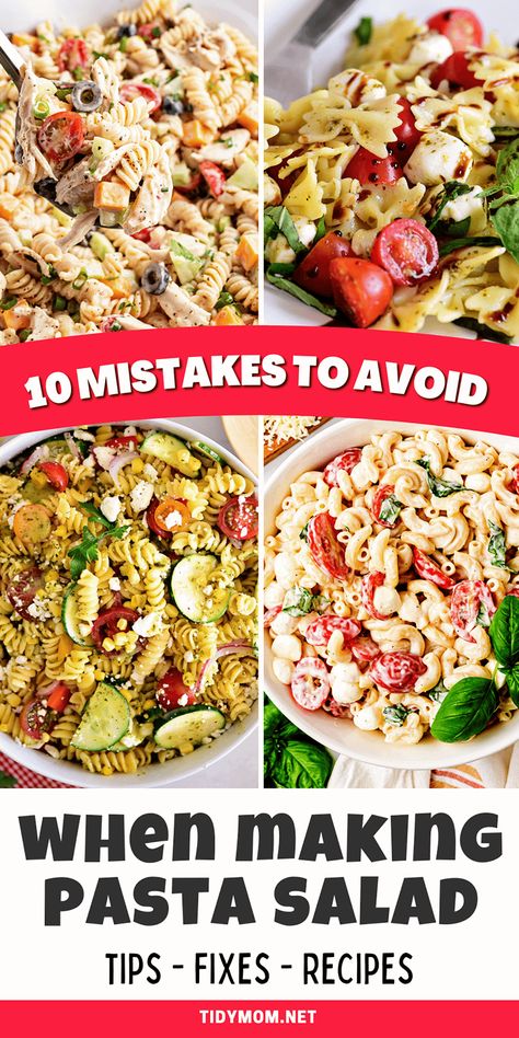 A tasty pasta salad is a summertime staple. But there are lots of ways to mess up this favorite side dish! Learn how to avoid mistakes and make the perfect pasta salad! These tips, fixes and recipes will set you up for pasta salad success every time. VISIT TidyMom.net for all the tips! Sauce For Pasta Salad, Pasta Salad For Camping, Diy Pasta Salad, Best Pasta Salad Recipes Cold, Camping Pasta Salad, Suddenly Salad Recipe, Dressing For Pasta Salad, Cold Summer Salads, Cold Pasta Salad Recipes Easy