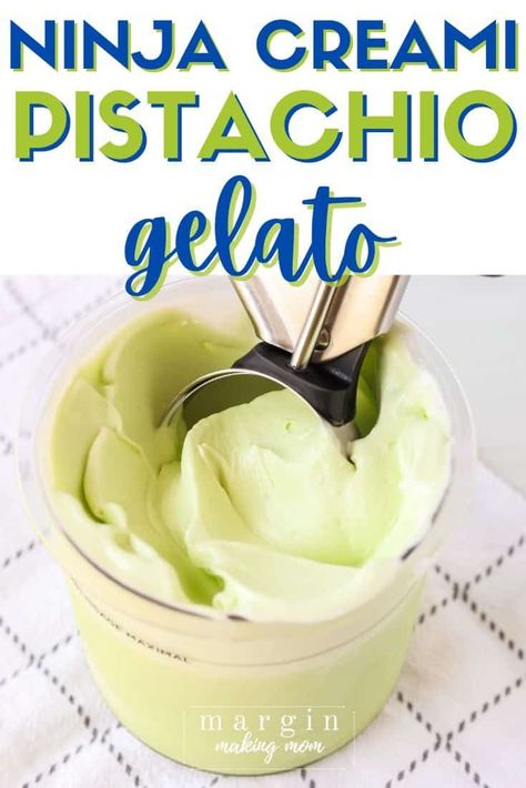 This delicious pistachio gelato is easy to make in the Ninja Creami machine! Egg yolks make such a rich and creamy treat, so it's a custard-like dessert that rivals your favorite gelato shop! Gelato Recipes For Ninja Creami, Ninja Creami Recipes Gelato, Gelato Ninja Creami, Pistachio Ninja Creami Recipe, Ninja Creami Pistachio Gelato, Pistachio Dessert Pudding, Chunky Monkey Ice Cream, Pops Recipes, Pistachio Paste