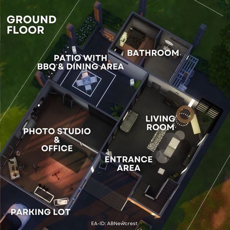 📷 The Photographer's Studio 📷 [swipe for floorplan] 🛋 Fully furnished 🍀 Functional & playtested 🏘 Moschino, Spa Day & Home Chef Hustle ✅ No CC 📐 30x20 It's in the gallery. EA-ID: ABNewcrest 🌿 #showusyourbuilds #sims4 #thesims4 Sims 4 Builds, Office Entrance, Sims Building, Living Room Photos, Sims 4 Build, Sims 4 Houses, Photographic Studio, Sims House, The Sims4