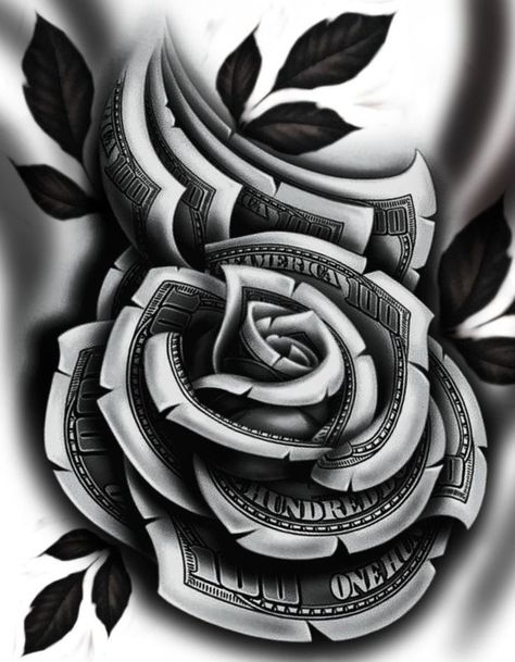 Dollar Rose Tattoo Design, Dollar Rose, Rose Chest Tattoo, Money Rose Tattoo, Portrait Tattoo Sleeve, Dollar Tattoo, Full Neck Tattoos, 30 Tattoo, Chicano Tattoos Sleeve