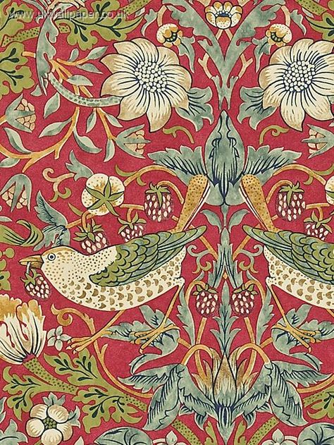 Morris & Co.'s Strawberry Thief. I love it in red but where to put? Morris Bedroom, Strawberry Thief Wallpaper, Thief Wallpaper, Floral Drapes, Thistle Wallpaper, Victorian Curtains, Design Curtains, Curtains Sheer, Craftsman Decor