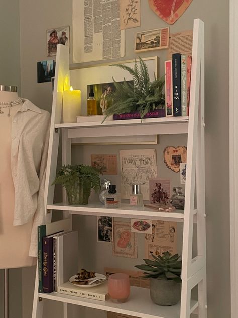 Storage Ladder Bedroom, Ladder Bookshelf Decor Bedroom, Bookshelf White Aesthetic, Bookshelf Decor Bedroom Aesthetic, Bookcase Decor Aesthetic, Dorm Bookshelf Decor, Shelving Inspo Bedroom, Standing Shelf Decor Bedroom, Bookcase Aesthetic Bedroom