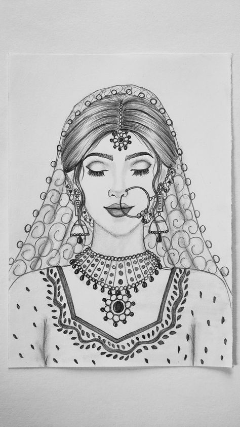 Indian Bride Sketch, Indian Bride Drawing, Indian Girl Drawing, Interesting Sketches, Aari Drawing, Mehndi Drawing, Bride Drawing, Girl In Saree, Cobblestone Paving