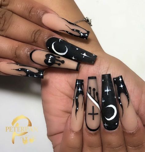 Gothic Coffin Nails, Gothic Nails Coffin, Themed Nails, Halloween Acrylic, Crochet Skull, Halloween Acrylic Nails, Diva Nails, Gothic Nails, Goth Nails