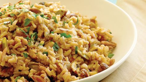 Nutted Brown Rice Pilaf | Here are some filling recipes everyone can love Easy Rice Pilaf, Brown Rice Pilaf, Rice Pilaf Recipe, Pilaf Recipes, Sauteed Greens, Vegetarian Main Dishes, Rice Pilaf, Idee Pasto Sano, Vegetarian Recipes Easy