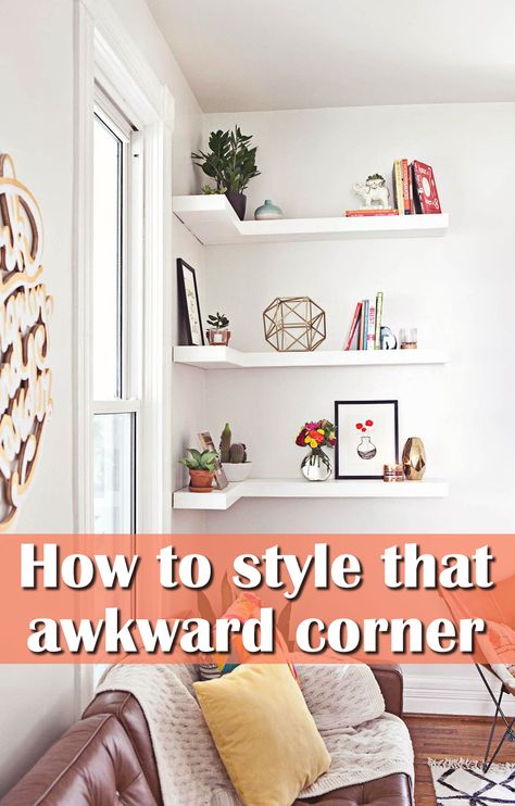 If you’re struggling to decorate that awkward corner in the room, you can utilize the vertical space with display shelving, add a comfy chair for a reading nook, or create a gallery wall with a mix of family photos and artsy prints for some visual interest.  Make the space work for your needs and keep it creative! See how it’s done. #ClearPathLending #ClearPath #Lending #Mortgage #Refinance #HomeLoan #VALoan #Design #Decor #InteriorDesign #Storage #Inspiration #Bedroom Living Room Corner Shelving Ideas, How To Decorate A Corner Behind A Chair, Wall Corner Decor Living Room, Staggered Floating Shelves Corner, What To Do With Corners In Bedroom, Extra Corner Space In Living Room, How To Decorate A Small Corner Space, Corner Living Room Wall Decor, Sectional Corner Decor