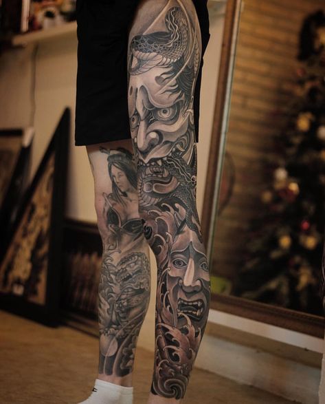 Neo Traditional Japanese Tattoo Sleeve, Realistic Leg Tattoo, Neo Japanese Tattoo, Neo Traditional Japanese, Traditional Japanese Tattoo Sleeve, Neo Japanese, Big Tattoos, Samurai Tattoo Sleeve, Japanese Legs