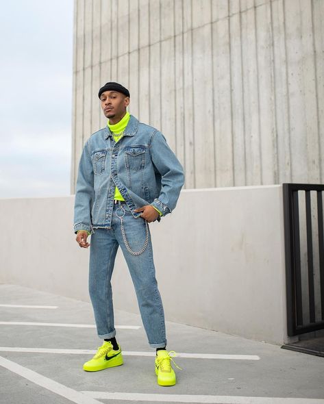 Darion Benzo Famous (@darion_famous) • Instagram photos and videos Neon Outfit Ideas Men, Yellow And Blue Outfits For Men, Neon Outfits Men, Neon Party Outfits Men, Denim On Denim Outfit Men, Mens Layering Outfits, Colorblock Outfits, Darion Benzo, Neon Streetwear