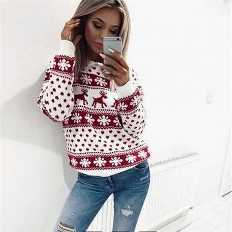 #RED&WHITE01  Elk Heart Christmas Sweater  Red And White The combination of two of my most bea… Reindeer Jumper, Oversized Knit Sweater, Knit Sweater Top, Pullover Mode, Christmas Sweaters For Women, Winter Pullover, Oversized Knitted Sweaters, New Chic, Women Christmas