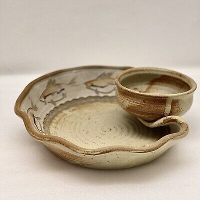 Chip and Dip with Attached Bowl Stoneware - Signed RARE & Beautiful | eBay Chip And Dip Bowls Pottery, Chip Dip Bowl Pottery, Chip And Dip Pottery Bowl, Spoon Rests Pottery, Ceramic Functional Ideas, Pottery Chip And Dip Bowl, Pottery Charcuterie Board, Ceramic Chip And Dip Bowl, Clay Colander