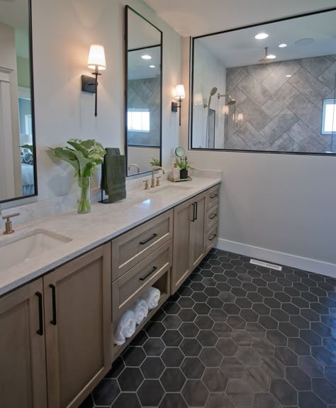 Bathroom Vanity Layout, Black Hexagon Bathroom, Black Floor Bathroom, Vanity Layout, Hexagon Tile Bathroom, New House Bathroom, Master Shower, Floor Bathroom, Bathroom Redesign