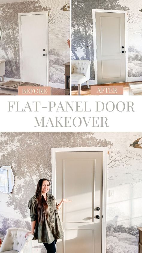 How To Make Cheap Doors Look Expensive, Picture Frames On Cabinet Doors, Trim On Flat Panel Door, Diy Updated Interior Doors, Apartment Door Makeover, Diy Molding On Doors, Picture Frame Molding On Door, Diy Painting Doors Interior, Old Bedroom Door Makeover