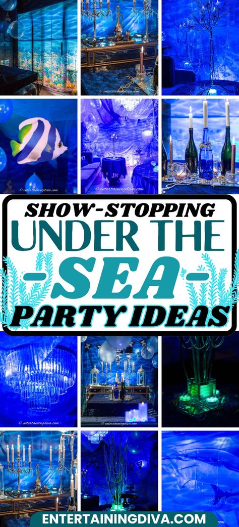 Show-stopping Under The Sea Party Ideas | Halloween Party Under The Sea Scary, Diy Ocean Themed Party Decor, Marine Themed Party, Kraken Party Ideas, Under The Ocean Decorations, Cheap Under The Sea Decorations, Ocean Theme Bday Party, Under Water Theme Party Decoration, Under The Sea Event Decor