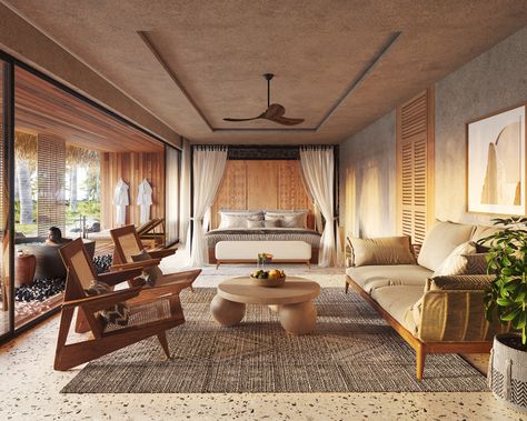 Resort complex in Comoros on Behance Eco Resort Architecture, Rustic Hotel, Resort Interior Design, Resort Furniture, Mexican Interiors, Boutique Hotels Design, Mountain Interiors, Resort Interior, Racquet Club