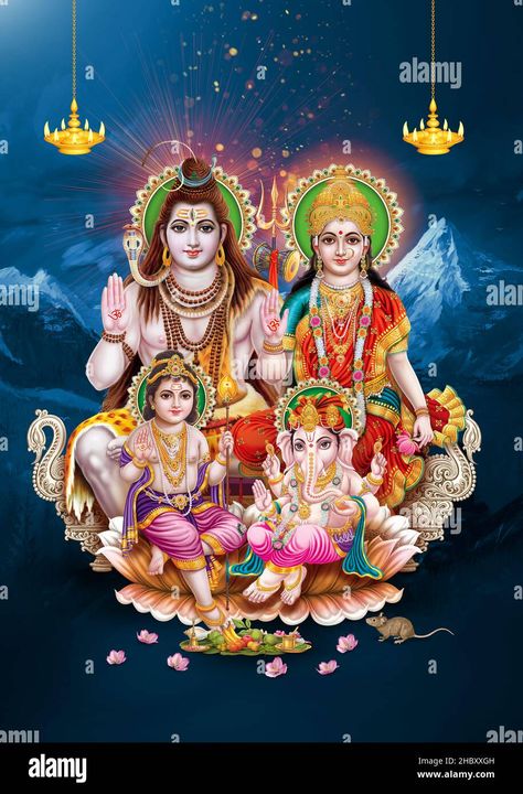 Download this stock image: lord Shiva Family in kailas background digital art - 2HBXXGH from Alamy's library of millions of high resolution stock photos, illustrations and vectors. Photos Of Lord Krishna, Background Digital Art, Durga Picture, Shiva Shankara, Ganpati Bappa Photo, Lord Murugan Wallpapers, Shiva Family, Shiva Parvati Images, Lord Photo