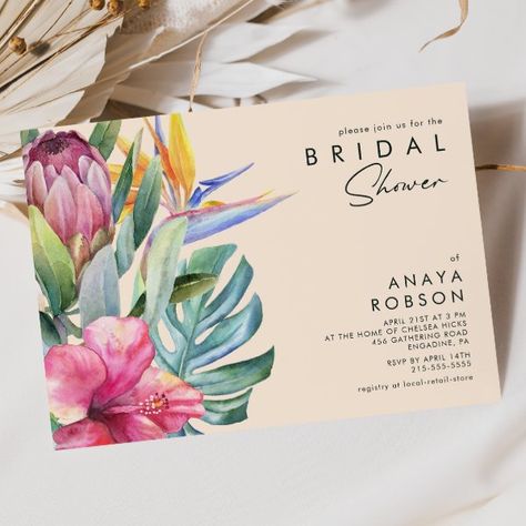 Colorful Tropical Floral | Peach Bridal Shower Invitation Peach Bridal Showers, Purple Bridal Shower Invitations, Tropical Bridal Shower Invitations, Wedding Announcement Cards, Tropical Bridal Showers, Elegant Bridal Shower, Winter Wedding Invitations, Floral Bridal Shower Invitations, Bridal Shower Invitations Templates