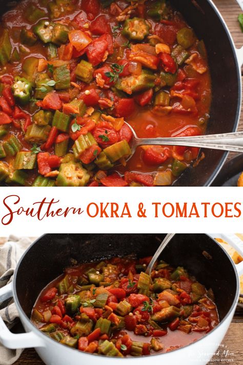 Stewed Okra and Tomatoes is a classic Southern dish! Flavored with bacon, onion, garlic and cider vinegar, you know these vegetables are bound to be good. Serve garden fresh okra and tomatoes during the summer months, or use canned and frozen ingredients in the off-season. Paired with a side of cornbread, this is a simple and affordable dish to enjoy year-round! Stewed Tomatoes And Okra Recipe, Stewed Okra And Tomatoes, Okra And Tomato Recipe, Stewed Okra, Fresh Okra, Okra Gumbo, Okra Stew, Okra And Tomatoes, The Seasoned Mom