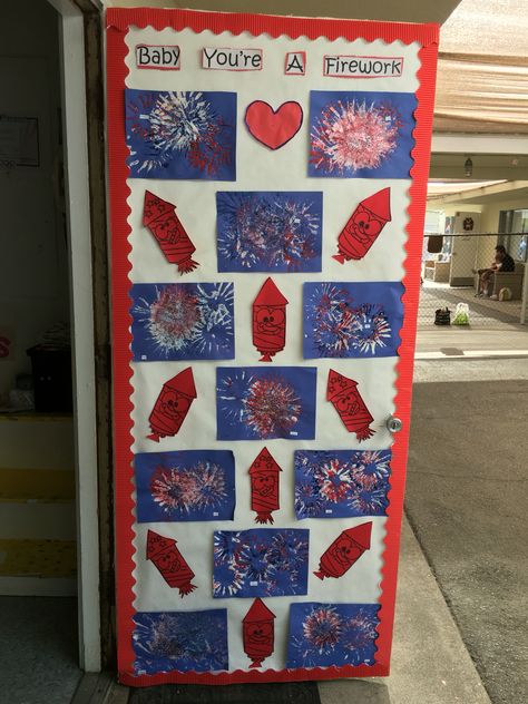 4th of July! Baby you're a firework Forth Of July Door Decorations Classroom, Fourth Of July Door Decorations Daycare, 4th Of July Classroom Door, Fourth Of July Classroom Door Ideas, Fourth Of July Bulletin Board Ideas, 4th Of July Door Decorations Classroom, July Door Decorations Classroom, July Classroom Door Ideas, 4th Of July Classroom Door Ideas