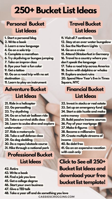 Over 250 of the best bucket list ideas to add to your personal bucket list! + Free printable bucket list template to help! Travel, unique, fun, personal, professional, family, for couples, and more bucket list ideas! Life bucketlist ideas and year bucket list ideas. #cassiescroggins #bucketlistideas #freeprintable Bucket List This Year, Shopping Bucket List, Career Bucket List, Places To Add To Your Bucket List, Financial Bucket List, What To Do List Ideas, Married Bucket List, Bucket List Journal Ideas Notebooks, Baket List Ideas