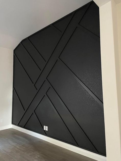 Matt Black Accent Wall, Wood Design Wall, Black Panelling, Black Feature Wall, Wood Wall Design, Herringbone Wall, Black Accent Walls, House Wall Design, Accent Wall Designs