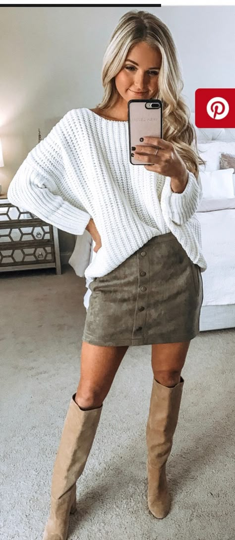 Skirt With Tall Boots Outfit, Sneakers Date Night Outfit, November Dress Outfits, Gno Outfit Fall Night, Skirt And Boots Outfit Winter, Skirt And Sweater Outfit Winter, Suede Skirt Outfit Fall, Philanthropy Outfits, Sweater With Skirt Outfit