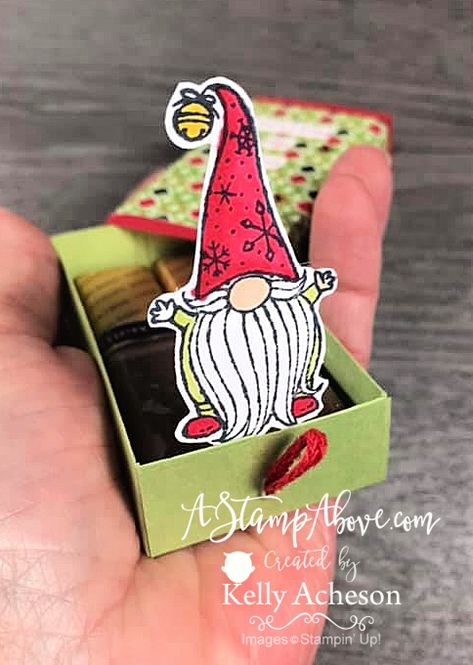 MAKE THIS ADORABLE POP UP BOX - VIDEO TUTORIAL - Click for details - STAMPIN' UP! www.AStampAbove.com Kelly Acheson Stampin Up Gift Boxes Ideas, Goodies Stampin Up Anleitung, Stampin Up Boxes, Treat Boxes Diy, Matchbox Gift, Scrapbook Stamping, Gnome Cards, Gnome For The Holidays, Scrapbook Box