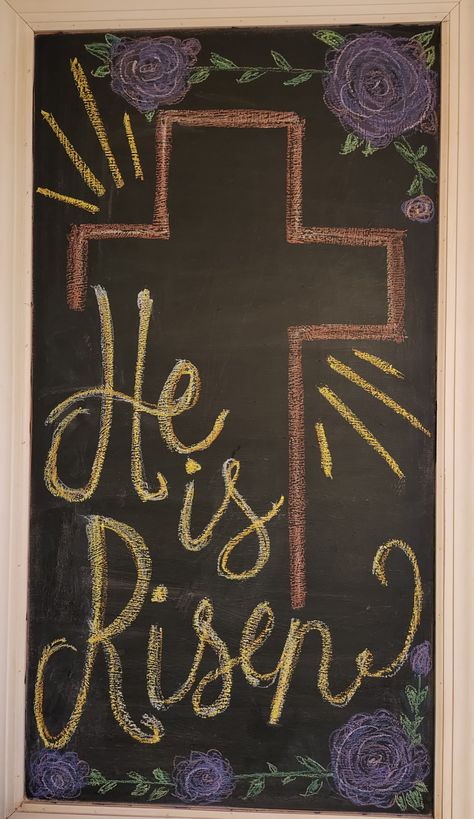 Easter Chalkboard Art Ideas, Easter White Board Ideas, Happy Easter Chalkboard Ideas, Sidewalk Chalk Easter Ideas, Cross Chalk Art, April Chalkboard Ideas, Easter Whiteboard Ideas, Easter Sidewalk Chalk Art, Chalkboard Easter Art