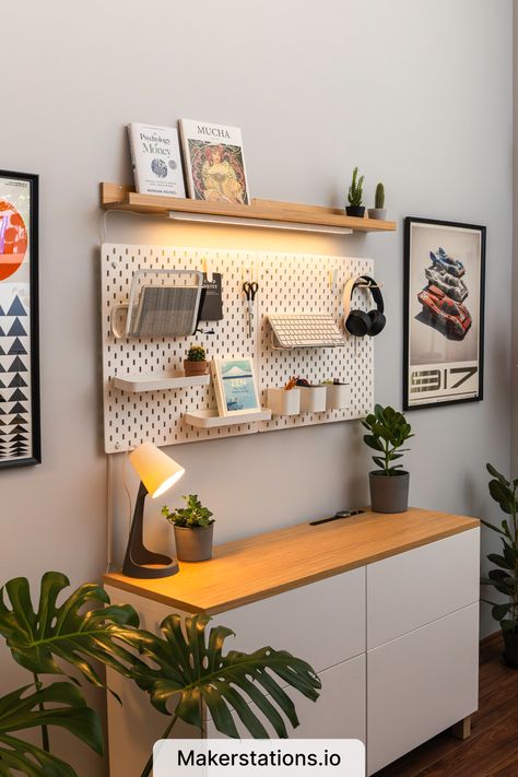 IKEA Desk Setup Office Desk Studio, Desk Peg Board Ideas, Cosy Desk Setup Aesthetic, Pegboard Desk Setup, Ikea Pegboard Office, Desktop Decor Ideas, Home Office Pegboard, Pegboard Wall Ideas, Work Space In Bedroom