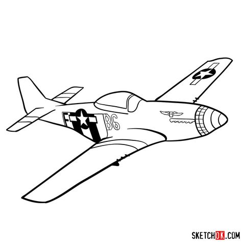 How to draw North American P-51 Mustang Step By Step Airplane Drawing, Drawing An Airplane, Aircraft Drawing Easy, Jets Drawing, Plane Sketch Airplanes, Jet Drawing, Aircraft Drawing, P51 Mustang Drawing, Mustang Drawing