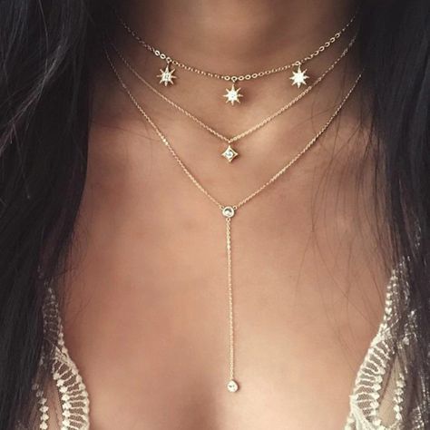 Dainty Chain Necklace, Starburst Necklace, Star Necklace Gold, Layered Chain, Bar Pendant Necklace, Daily Jewelry, Gold Long Necklace, Multi Layer Necklace, Women's Jewelry Sets